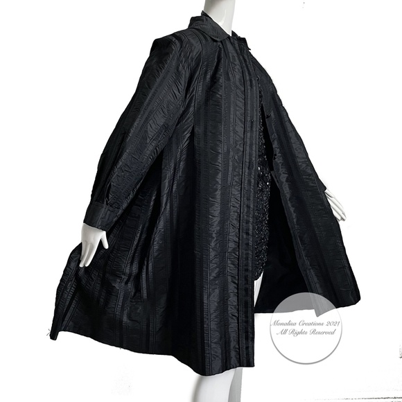 Vintage Jackets & Blazers - Galanos Swing Coat Black Striped Satin Evening Wear Vintage Formal Rare